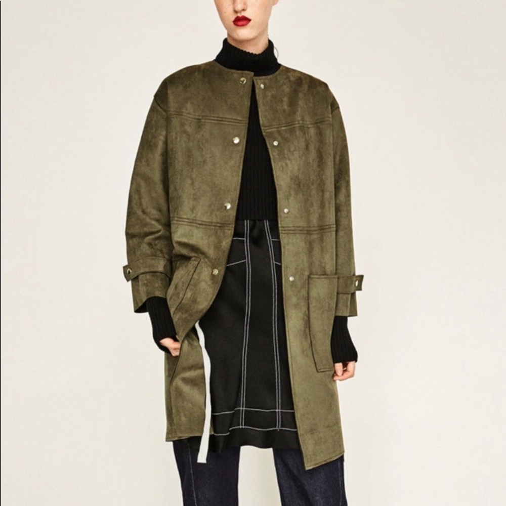 Zara W&B Collection Faux Suede Coat in Khaki Green